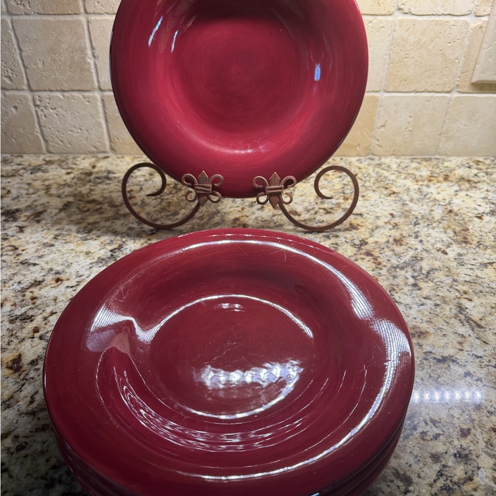 Deep Red Ceramic Bowl Type Dinner Plates - Set of 4